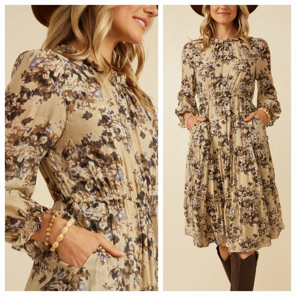Hayden Floral Midi Dress 1XL XL Taupe Long Sleeve Tiered Fall Boho Country Flowy - Picture 1 of 13